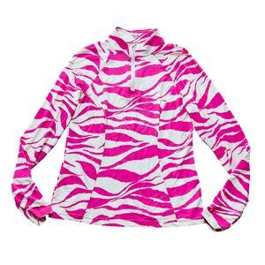 Tzu Tzu Women's Sz Large Pink & White Zebra Print Long Sleeve Half-Zip Pullover